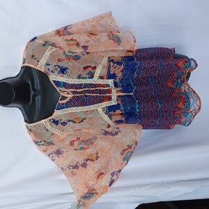 Millenium Sheer Tunic Top Orange Floral, Flutter Sleeve, M, 21" PTP, 28" L
